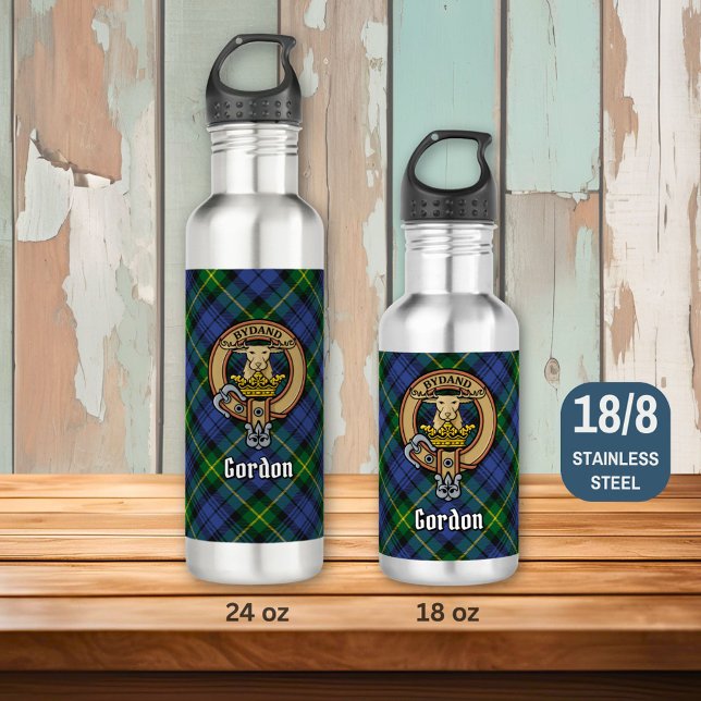 Clan Gordon Crest over Tartan Stainless Steel Water Bottle (Creator Uploaded)