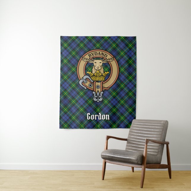 Clan Gordon Crest over Tartan Tapestry (In Situ)