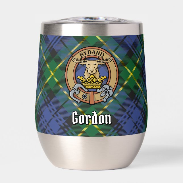 Clan Gordon Crest over Tartan Thermal Wine Tumbler (Front)