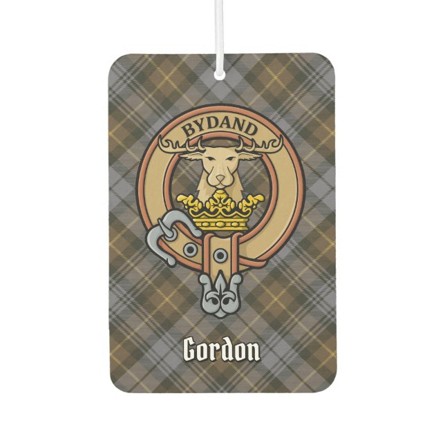 Clan Gordon Crest over Weathered Tartan Air Freshener (Front)