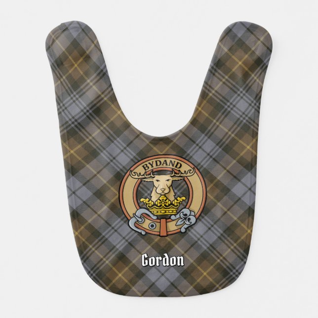 Clan Gordon Crest over Weathered Tartan Baby Bib (Front)