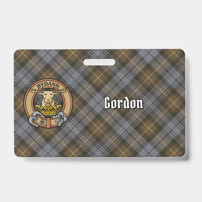 Clan Gordon Crest over Weathered Tartan Badge (Front)