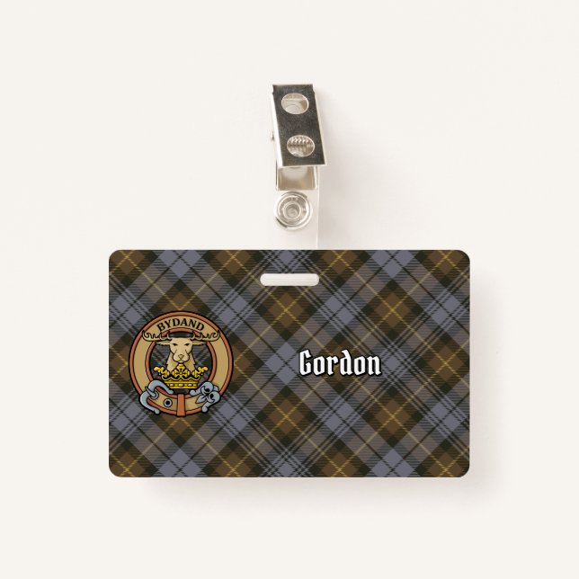 Clan Gordon Crest over Weathered Tartan Badge (Front with Clip)