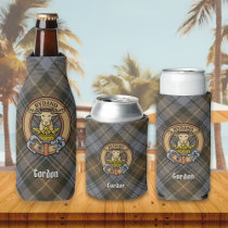 Clan Gordon Crest over Weathered Tartan Bottle Cooler