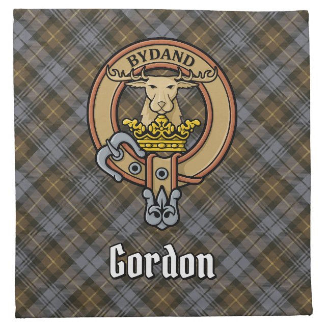Clan Gordon Crest over Weathered Tartan Cloth Napkin (Front)