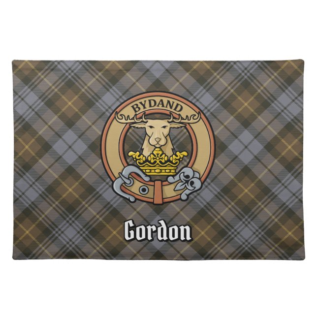 Clan Gordon Crest over Weathered Tartan Cloth Placemat (Front)