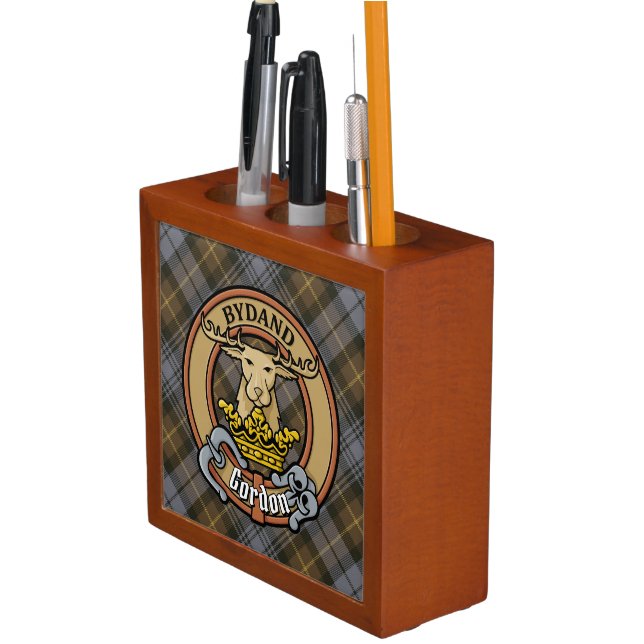 Clan Gordon Crest over Weathered Tartan Desk Organizer (In Situ)