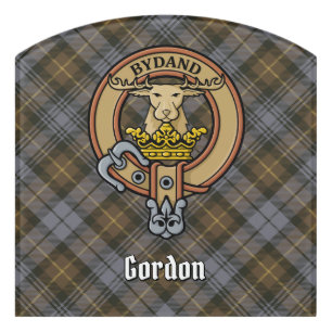Clan Gordon Crest over Weathered Tartan Door Sign
