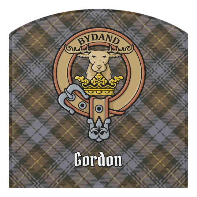 Clan Gordon Crest over Weathered Tartan Door Sign (Contour Front)