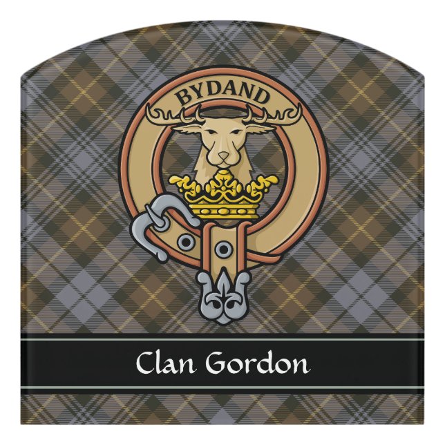 Clan Gordon Crest over Weathered Tartan Door Sign (Contour Front)