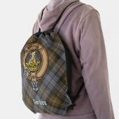 Clan Gordon Crest over Weathered Tartan Drawstring Bag (Insitu)