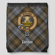 Clan Gordon Crest over Weathered Tartan Drawstring Bag
