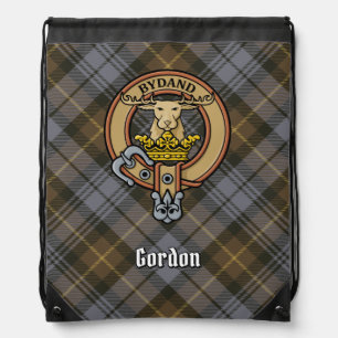 Clan Gordon Crest over Weathered Tartan Drawstring Bag