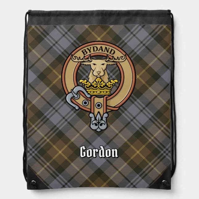Clan Gordon Crest over Weathered Tartan Drawstring Bag (Front)