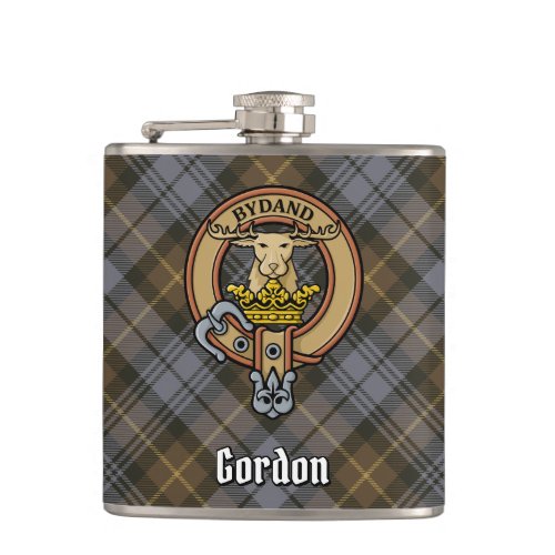 Clan Gordon Crest over Weathered Tartan Flask