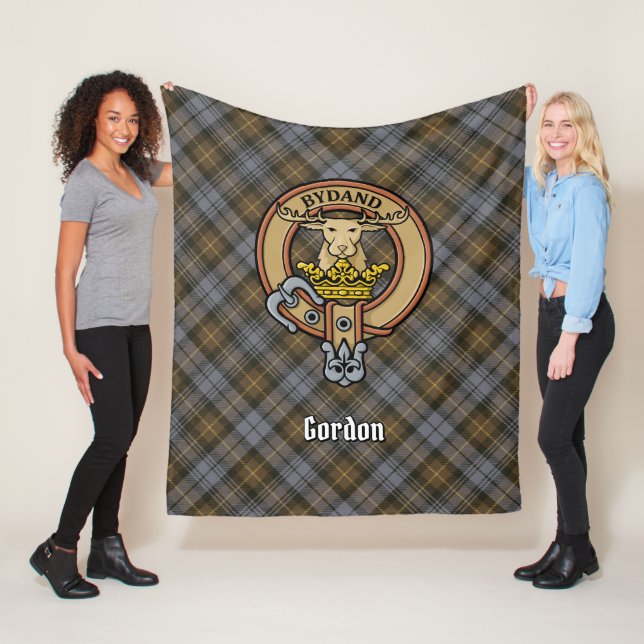 Clan Gordon Crest over Weathered Tartan Fleece Blanket (In Situ)
