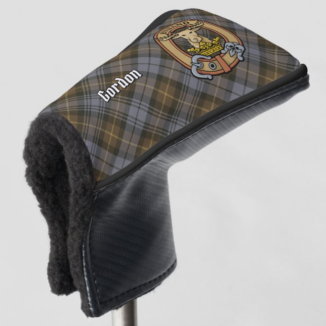 Clan Gordon Crest over Weathered Tartan Golf Head Cover (3/4 Front)