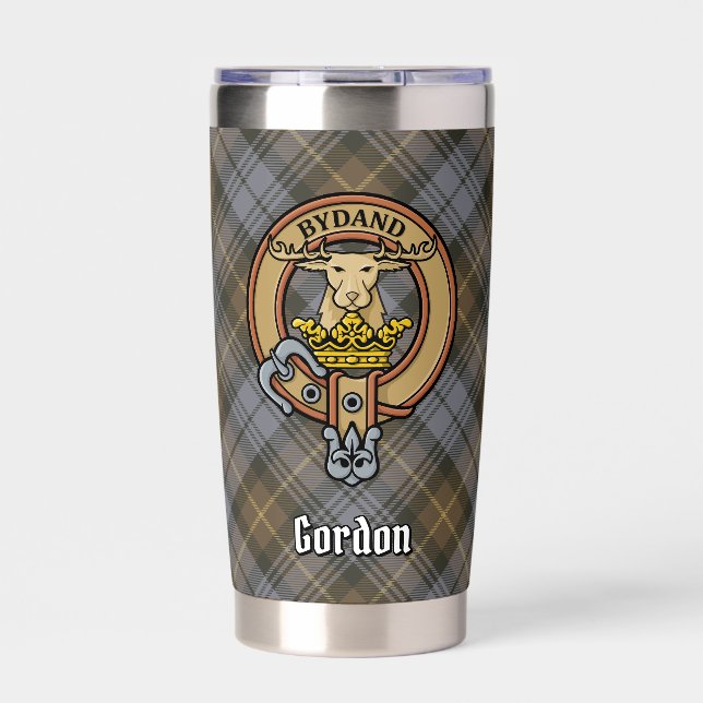 Clan Gordon Crest over Weathered Tartan Insulated Tumbler (Front)