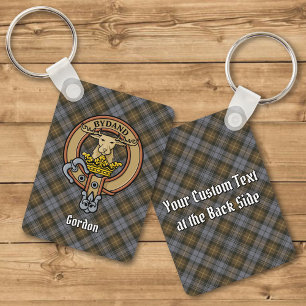 Clan Gordon Crest over Weathered Tartan Keychain