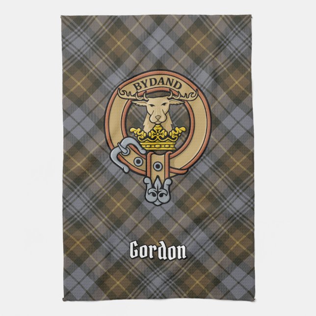 Clan Gordon Crest over Weathered Tartan Kitchen Towel (Vertical)