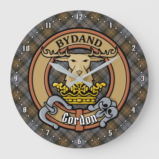 Clan Gordon Crest over Weathered Tartan Large Clock (Front)