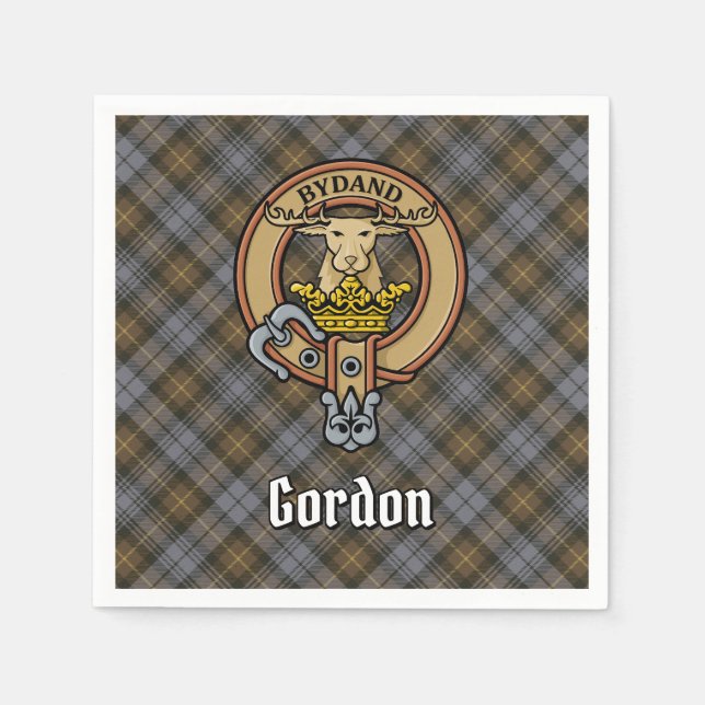 Clan Gordon Crest over Weathered Tartan Napkins (Front)
