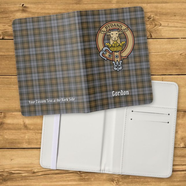 Clan Gordon Crest over Weathered Tartan Passport Holder (Creator Uploaded)