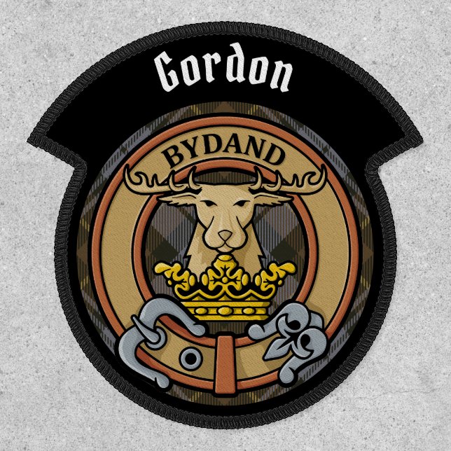 Clan Gordon Crest over Weathered Tartan Patch (Front)