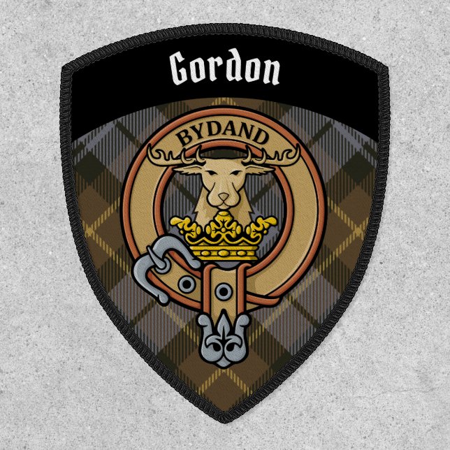 Clan Gordon Crest over Weathered Tartan Patch (Front)