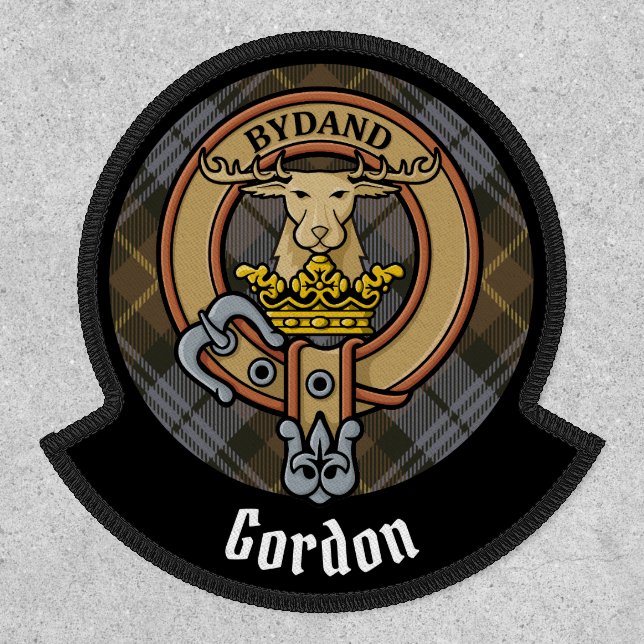 Clan Gordon Crest over Weathered Tartan Patch (Front)