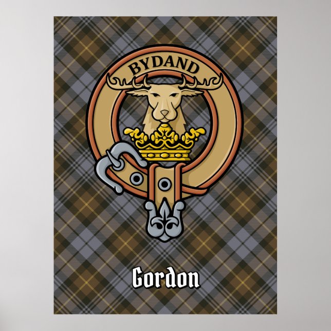 Clan Gordon Crest over Weathered Tartan Poster (Front)