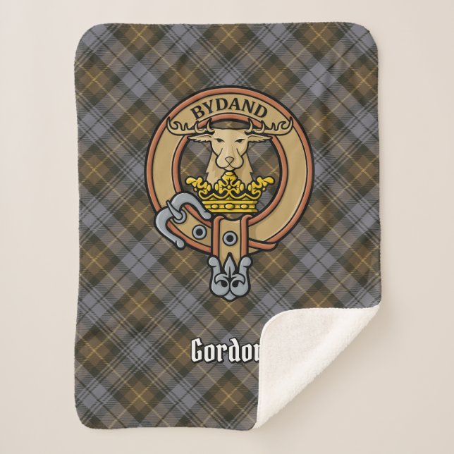 Clan Gordon Crest over Weathered Tartan Sherpa Blanket (Front)