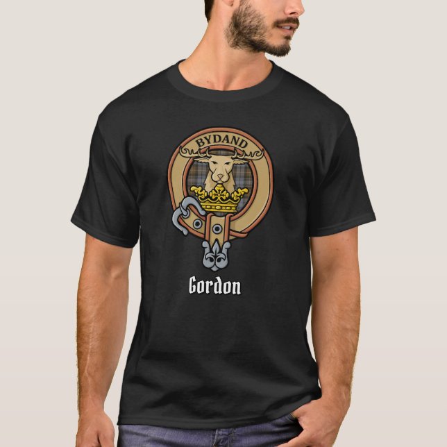 Clan Gordon Crest over Weathered Tartan T-Shirt (Front)
