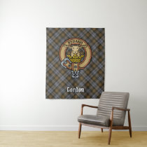Clan Gordon Crest over Weathered Tartan Tapestry