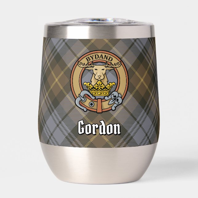 Clan Gordon Crest over Weathered Tartan Thermal Wine Tumbler (Front)
