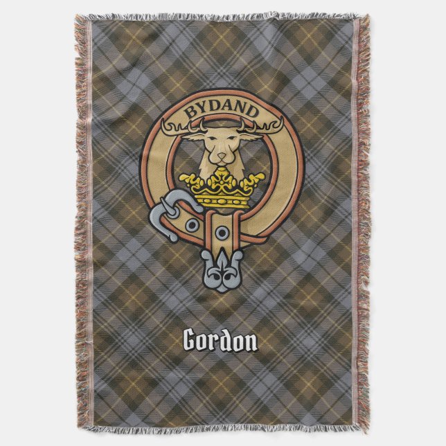 Clan Gordon Crest over Weathered Tartan Throw Blanket (Front Vertical)