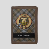Clan Gordon Crest over Weathered Tartan Trifold Wallet