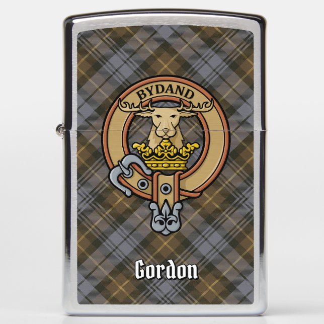 Clan Gordon Crest over Weathered Tartan Zippo Lighter (Front)