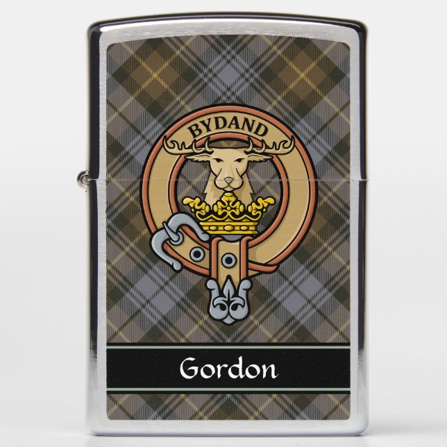 Clan Gordon Crest over Weathered Tartan Zippo Lighter (Front)