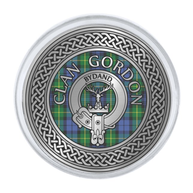 Clan Gordon Crest & Tartan Knot Silver Finish Lapel Pin (Front)