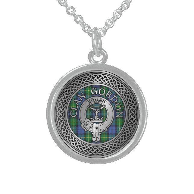 Clan Gordon Crest & Tartan Knot Sterling Silver Necklace (Front)