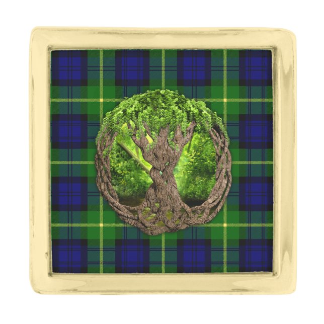 Clan Gordon Tartan And Celtic Tree Of Life Gold Finish Lapel Pin (Front)