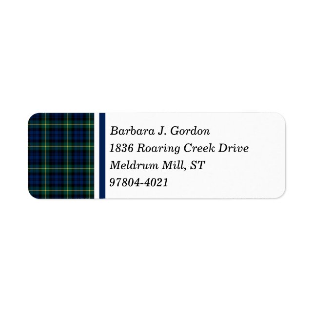 Clan Gordon Tartan Blue and Green Scottish Plaid Label (Front)