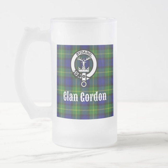 Clan Gordon Tartan Crest Frosted Glass Beer Mug (Left)