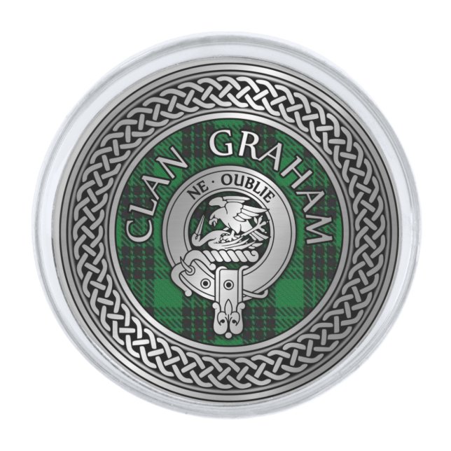 Clan Graham Crest & Tartan Knot Silver Finish Lapel Pin (Front)