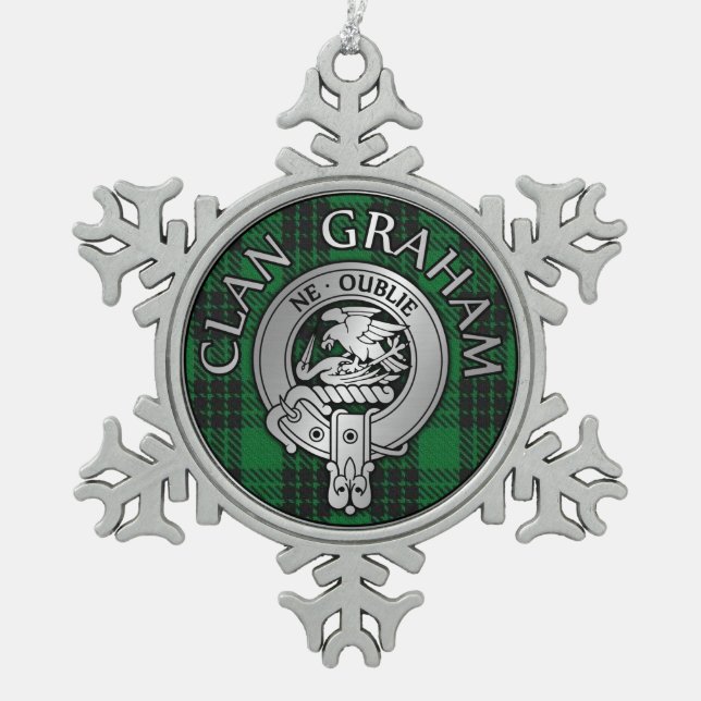 Clan Graham Crest & Tartan Snowflake Pewter Christmas Ornament (Front)