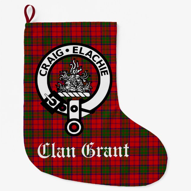 Clan Grant Crest Badge and Tartan Customizable  Large Christmas Stocking (Front)