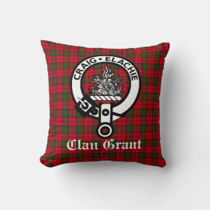 Clan Grant Crest Badge and Tartan Throw Pillow