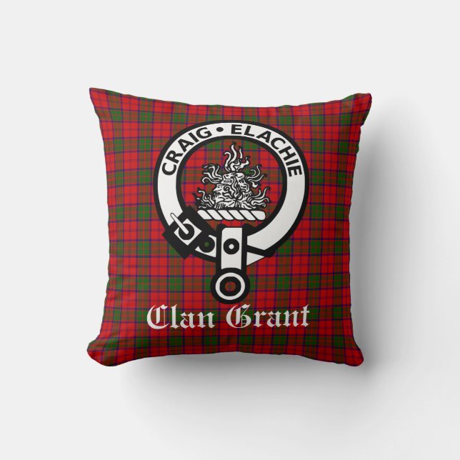 Clan Grant Crest Badge and Tartan Throw Pillow (Front)