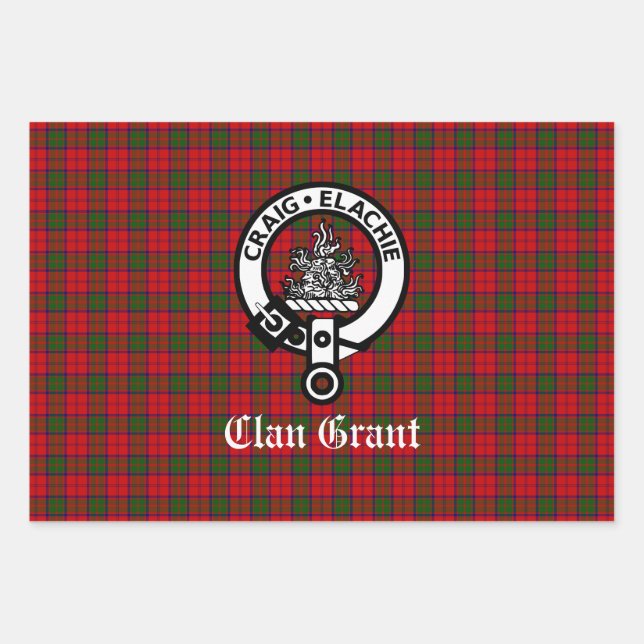 Clan Grant Crest Badge and Tartan  Wrapping Paper Sheets (Front)